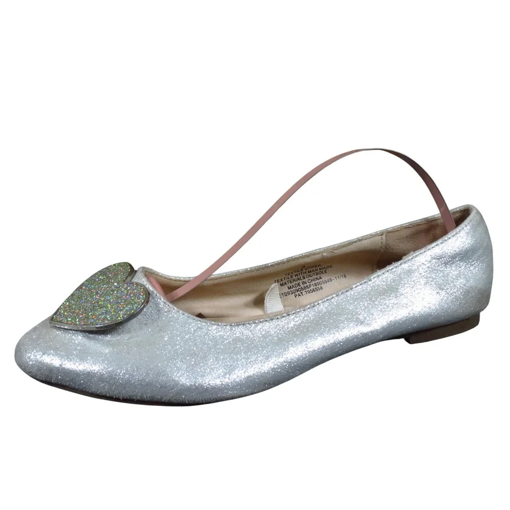 Stevie's Silver Heart Flats‎ Girls Size 4 Dress Casual Glitter Ballet Shoes